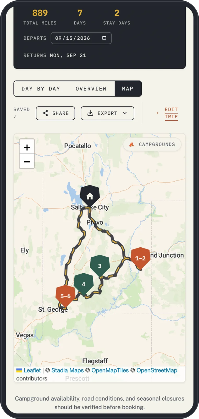 VistaBound trip map showing the full multi-day route looping through Utah with numbered overnight stops.