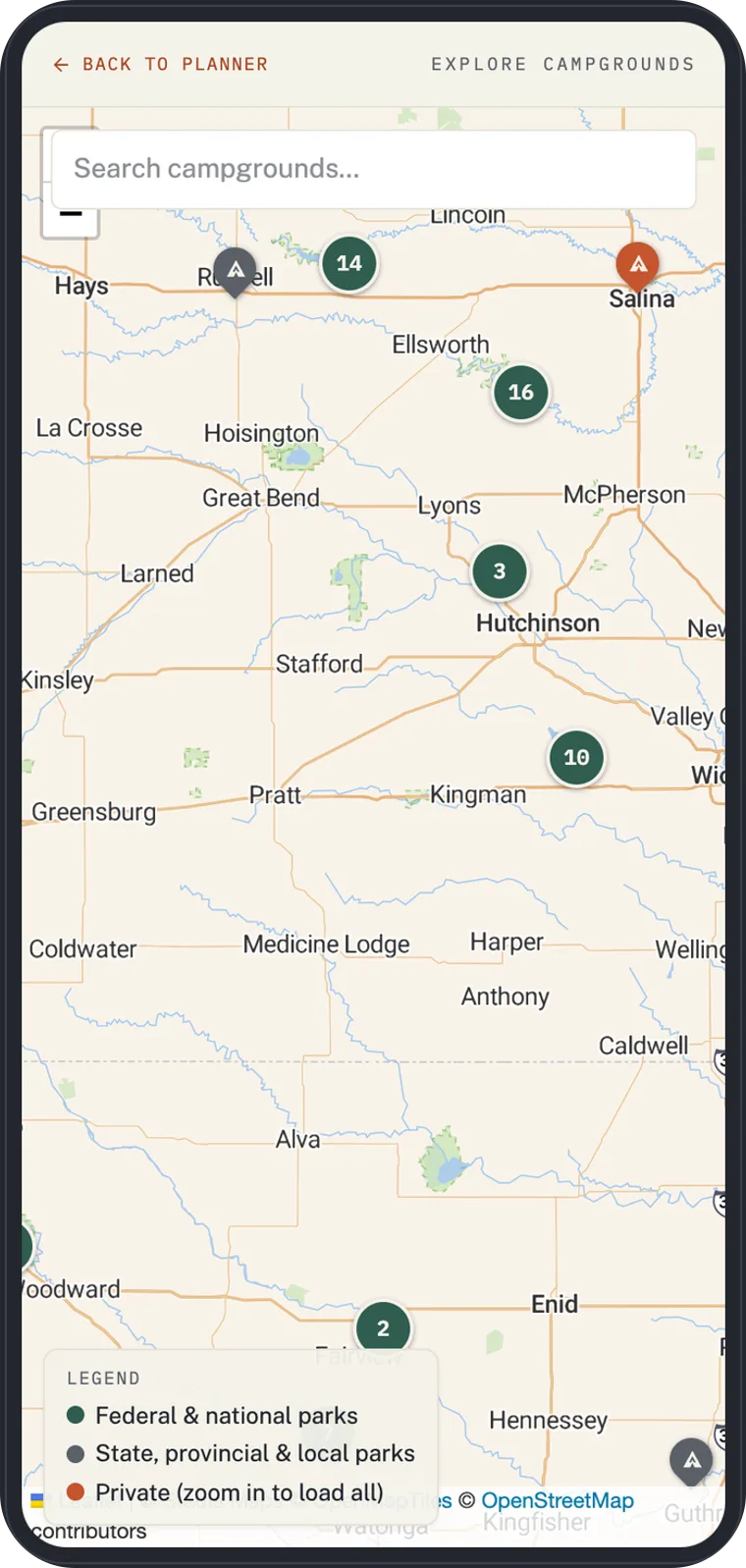 VistaBound campground explorer map with clustered campground markers across a region of the central US.