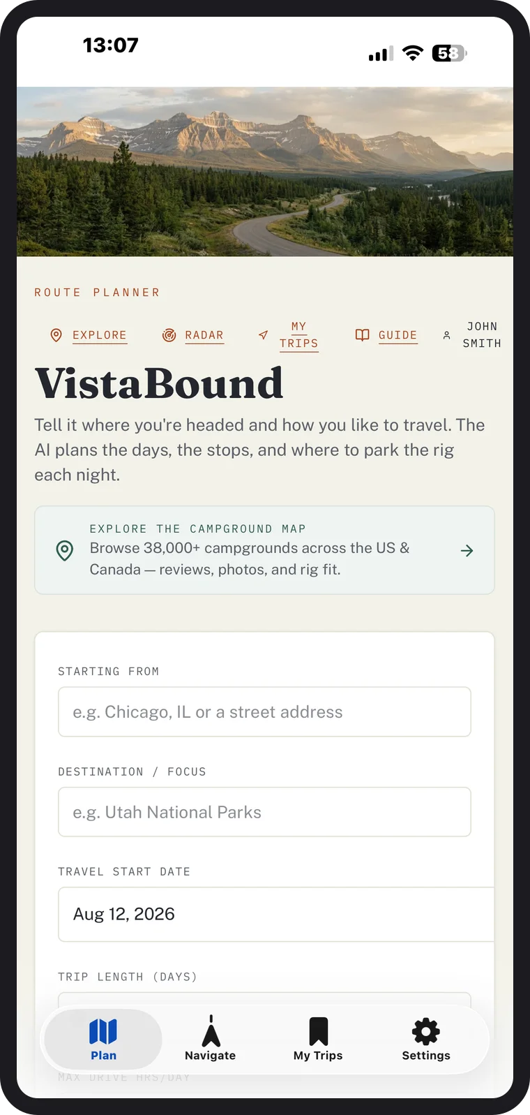 VistaBound app planner form: starting point, destination, travel start date, and trip length, beneath a mountain-vista banner.