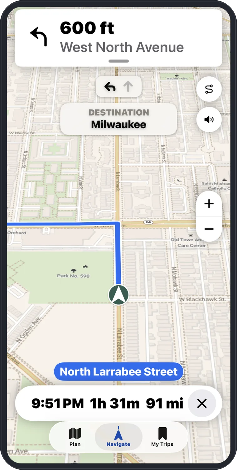 VistaBound turn-by-turn navigation screen with the next turn, distance, ETA, and the live route on the map.