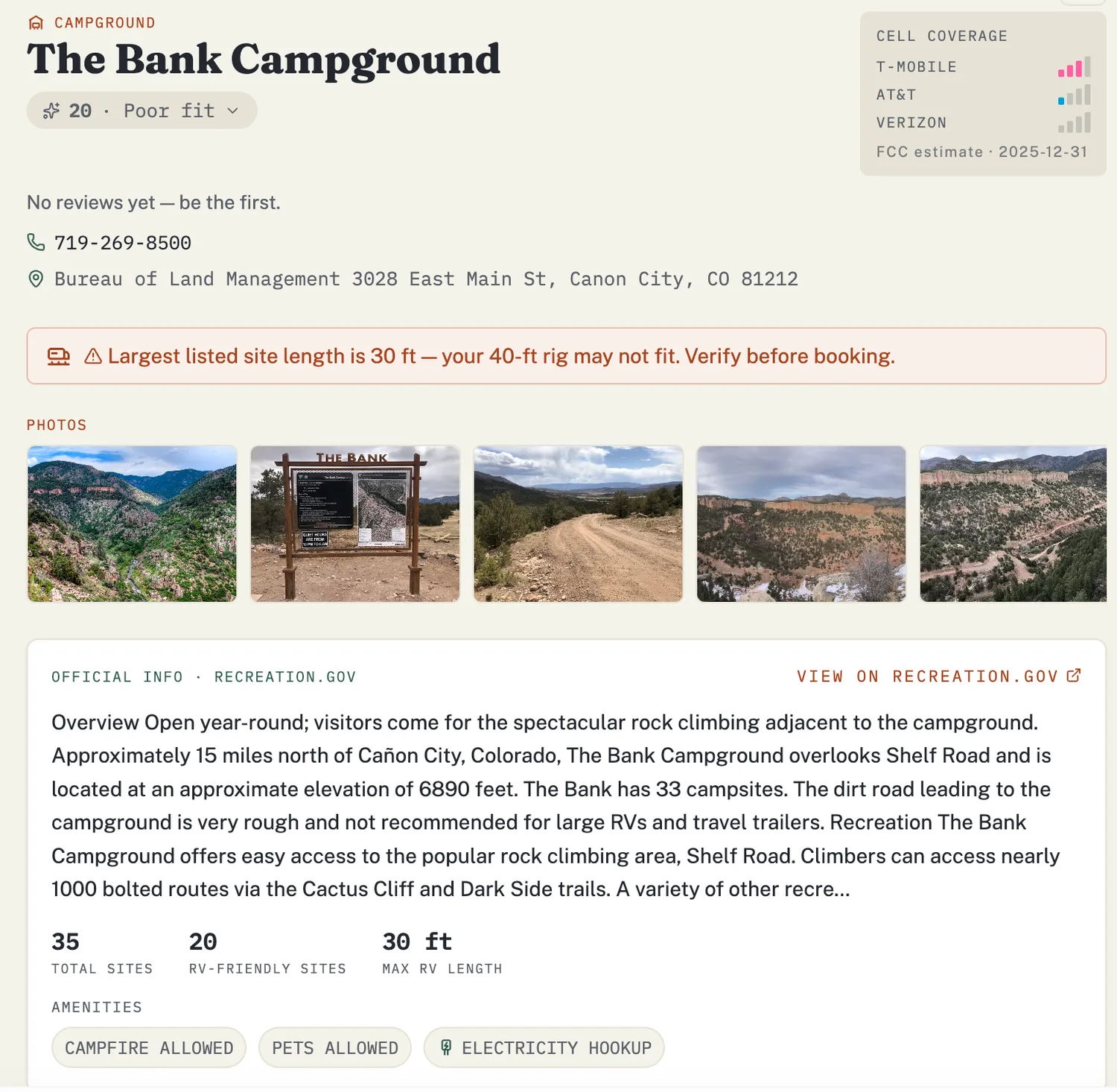 VistaBound campground detail for The Bank Campground: a personalized Match Score (20, Poor fit), a cell-coverage panel with per-carrier T-Mobile, AT&T, and Verizon signal bars from an FCC estimate, a rig-fit warning that the 30-ft max site length may not fit a 40-ft rig, real campground photos, and official Recreation.gov info with total sites, RV-friendly sites, max RV length, and amenities.