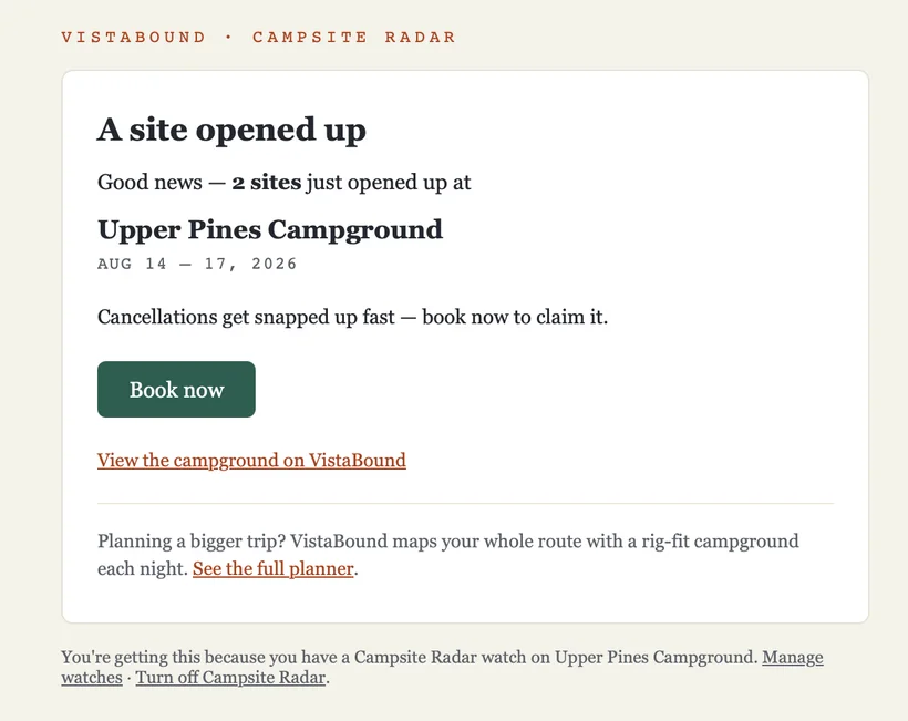 VistaBound Campsite Radar alert email titled “A site opened up”: two sites just opened at Upper Pines Campground for Aug 14–17, 2026, with a green Book now button, a link to view the campground on VistaBound, and a footer with Manage watches and unsubscribe links.
