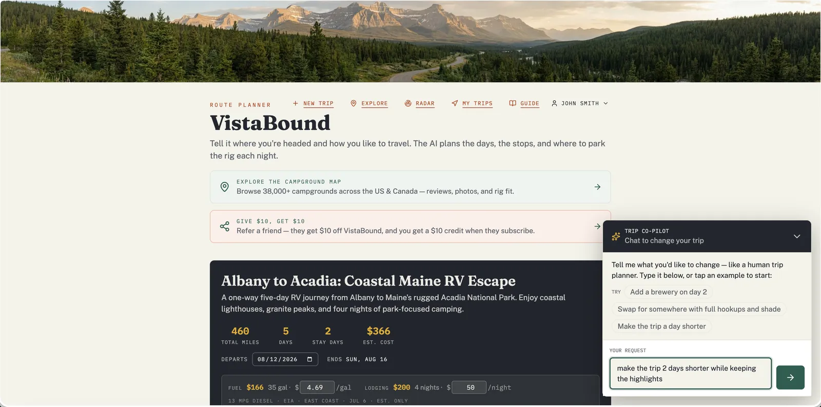 VistaBound web planner with the Trip Co-Pilot panel open beside an Albany-to-Acadia trip. The co-pilot offers example prompts — Add a brewery on day 2, Swap for somewhere with full hookups and shade, Make the trip a day shorter — and the request box reads “make the trip 2 days shorter while keeping the highlights”.
