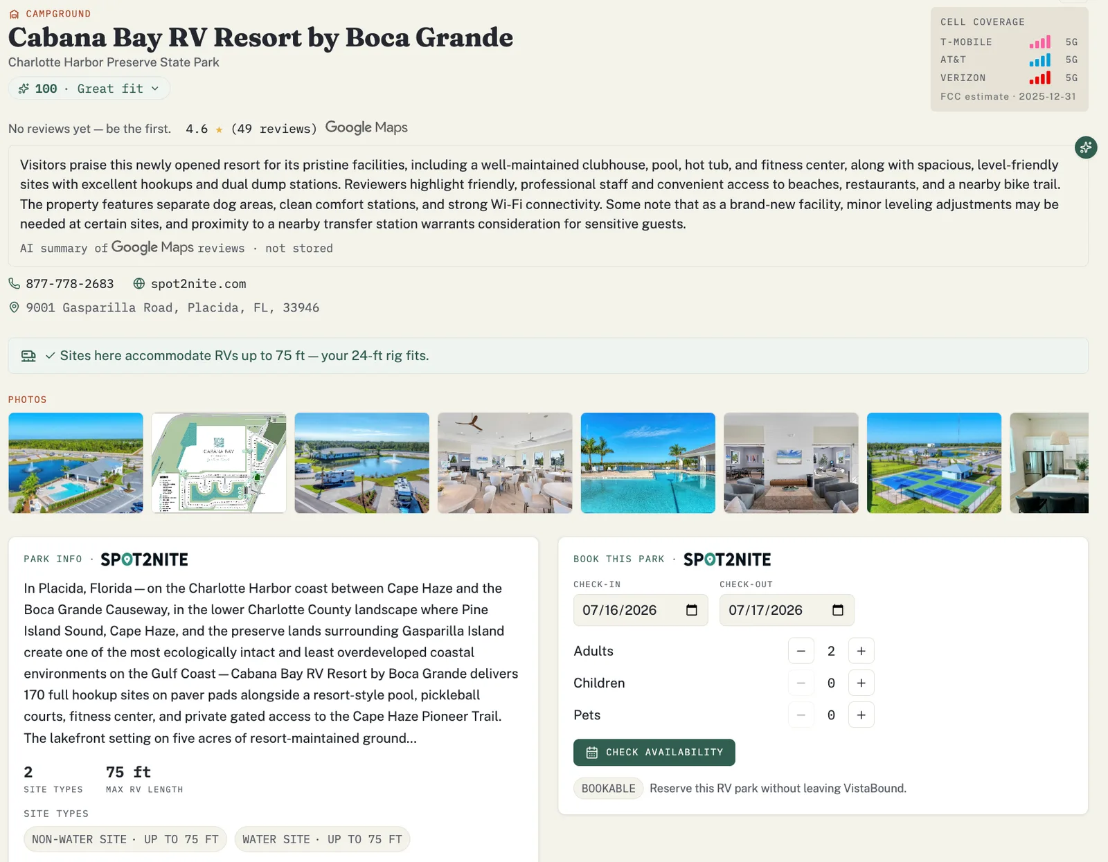 VistaBound campground detail for Cabana Bay RV Resort by Boca Grande, a private RV park bookable in-app through Spot2Nite: a personalized Match Score of 100 (Great fit), an AI review summary, a gallery of real resort photos, per-carrier cell coverage (T-Mobile, AT&T, Verizon), a rig-fit line confirming the sites accommodate the rig, a Park Info · Spot2Nite card with site types and max RV length, and a Book this park · Spot2Nite card with check-in and check-out dates, party size, and a Check availability button.