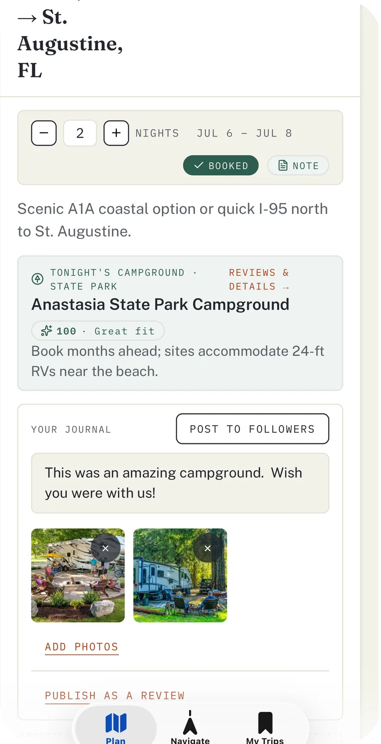 VistaBound Trip Journal on iPhone: a stop at Anastasia State Park Campground with a note, two campsite photos, a Post to Followers button, and Publish as a Review, plus a 100 Great fit Match Score.
