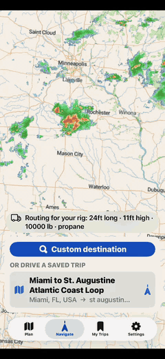 VistaBound Navigate screen: an animated live weather-radar loop over the upper Midwest, above the RV-aware routing profile (24 ft long, 11 ft high, 10,000 lb, propane) and a saved trip ready to drive.